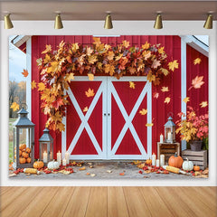 Lofaris Roter Herbstscheunen-Hintergrund mit Ahornblättern und Kürbissen, gemütliche Fotowand für Herbstdekoration und Fotoshootings