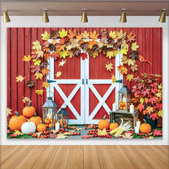 Lofaris Rotes Herbst-Scheunentor-Hintergrund mit Kürbissen und Laub, rustikale Fotowand für herbstliche Dekoration im Studio
