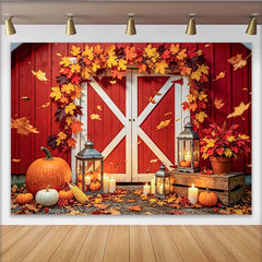 Lofaris Rotes Scheunentor Erntedank-Hintergrund mit Kürbissen, herbstliche Kulisse für Thanksgiving Dekoration