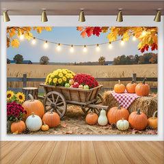 Lofaris Herbst-Fotohintergrund mit Kürbissen und Holzkarren, idyllische Fotowand für herbstliche Erntedankfest-Dekoration