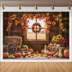 Lofaris Rustikaler Herbsthintergrund mit Kürbissen und Holzfenster, gemütliche Kulisse für herbstliche Fotoshootings