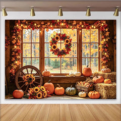 Lofaris Rustikaler Herbstfenster-Fotohintergrund mit Kürbissen, warme herbstliche Kulisse für gemütliche Fotoshootings
