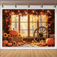 Lofaris Herbst-Fotohintergrund mit Kürbissen und Sonnenblumen, gemütliche Kulisse mit Holzrad für herbstliche Fotos