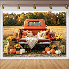 Lofaris Herbst-Fotohintergrund mit Kürbissen und orangefarbenem Lkw, gemütliche herbstliche Kulisse für Fotoshootings
