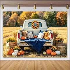 Lofaris Herbst-Fotohintergrund mit weißem Pickup und Kürbissen, rustikale Kulisse für herbstliche Fotoshootings