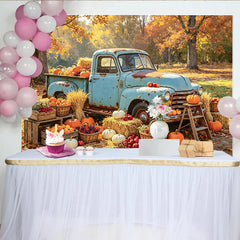Lofaris Herbstlicher Fotohintergrund mit blauem Vintage-Truck, idyllische Kulisse mit Heuballen für Fotostudios