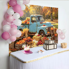 Lofaris Herbstlicher Fotohintergrund mit blauem Vintage-Truck, idyllische Kulisse mit Heuballen für Fotostudios