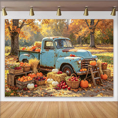 Lofaris Herbstlicher Fotohintergrund mit blauem Vintage-Truck, idyllische Kulisse mit Heuballen für Fotostudios