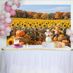 Lofaris Sonnenblumen und Kürbisse Herbst-Fotohintergrund, idyllische Vogelscheuche Kulisse für herbstliche Fotoshootings