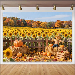Lofaris Sonnenblumen und Kürbisse Herbst-Fotohintergrund, idyllische Vogelscheuche Kulisse für herbstliche Fotoshootings