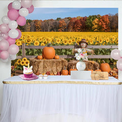 Lofaris Herbstlandschaft Hintergrund mit Sonnenblumen Kürbissen und Vogelscheuche, idyllische Kulisse für herbstliche Fotoshootings
