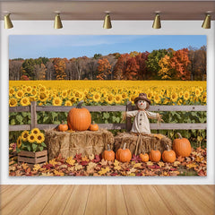 Lofaris Herbstlandschaft Hintergrund mit Sonnenblumen Kürbissen und Vogelscheuche, idyllische Kulisse für herbstliche Fotoshootings