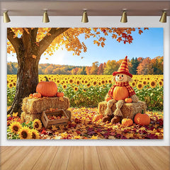 Lofaris Herbst-Fotohintergrund mit Vogelscheuche und Kürbissen, farbenfrohe Sonnenblumenkulisse für herbstliche Fotos
