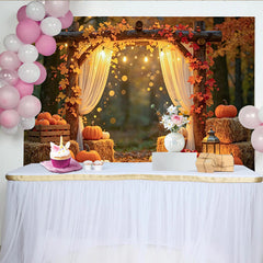 Lofaris Rustikaler Herbsthintergrund mit Kürbissen und Lichterketten für Fotoshootings, gemütliche Kulisse für Erntedankfest und Familienfotos