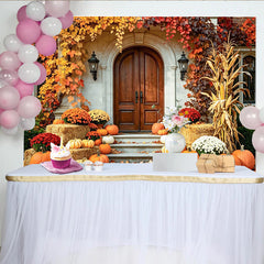 Lofaris Herbst-Fotohintergrund mit Kürbissen und rustikaler Holztür, malerische Kulisse für herbstliche Fotoshootings im Studio