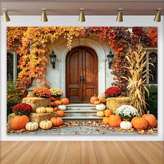 Lofaris Herbst-Fotohintergrund mit Kürbissen und rustikaler Holztür, malerische Kulisse für herbstliche Fotoshootings im Studio