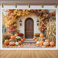 Lofaris Herbsthintergrund mit orangefarbenen Kürbissen und bunten Blättern, gemütliche Fotokulisse für herbstliche Shootings