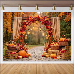 Lofaris Herbst-Fotohintergrund mit Kürbissen und buntem Laub, rustikale Kulisse für herbstliche Fotoshootings