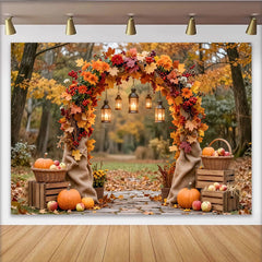 Lofaris Herbst-Fotohintergrund mit Kürbissen und bunten Blättern, rustikale Kulisse für herbstliche Fotoshootings