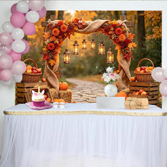 Lofaris Herbst-Fotohintergrund mit Kürbissen und Laternen, warme herbstliche Kulisse für professionelle Fotoshootings