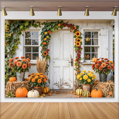 Lofaris Rustikaler Herbst-Fotohintergrund mit Kürbissen und Tür, herbstliche Kulisse für Erntedankfest und Fotostudio