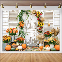 Lofaris Rustikaler Herbsthintergrund mit Kürbissen und Sonnenblumen, herbstliche Kulisse für professionelle Porträtfotografie