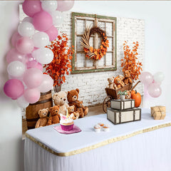 Lofaris Herbst-Fotohintergrund mit Teddybären und Kürbissen, rustikale Kulisse für herbstliche Kinder-Fotoshootings