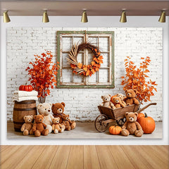 Lofaris Herbst-Fotohintergrund mit Teddybären und Kürbissen, rustikale Kulisse für herbstliche Kinder-Fotoshootings