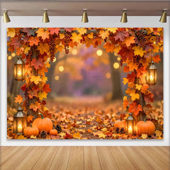 Lofaris Herbst-Fotohintergrund mit Kürbissen und warmen Laternen, stimmungsvolle Kulisse für Dekoration im Fotostudio