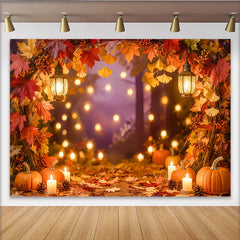 Lofaris Herbst-Fotohintergrund mit Kürbissen und warmen Laternen, stimmungsvolle Kulisse für herbstliche Aufnahmen im Studio