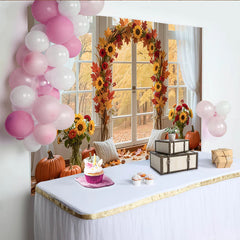 Lofaris Herbst-Fotohintergrund mit Kürbissen und Sonnenblumen, gemütliche Kulisse für herbstliche Fotoshootings