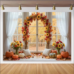Lofaris Herbst-Fotohintergrund mit Kürbissen und Sonnenblumen, gemütliche Kulisse für herbstliche Fotoshootings