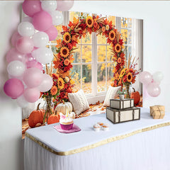 Lofaris Herbstfotohintergrund mit Sonnenblumen und Kürbissen, warme herbstliche Kulisse für gemütliche Fotoshootings im Studio