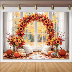 Lofaris Herbstfotohintergrund mit Sonnenblumen und Kürbissen, warme herbstliche Kulisse für gemütliche Fotoshootings im Studio