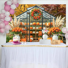 Lofaris Kürbis-Gewächshaus-Fotohintergrund für herbstliche Fotos, malerische Kulisse mit Pampasgras und Blumen für Fotostudio