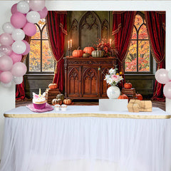 Lofaris Gotischer Halloween-Hintergrund mit Kürbissen und Vorhängen, edle herbstliche Fotowand für mystische Partydekoration