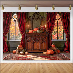 Lofaris Gotischer Halloween-Hintergrund mit Kürbissen und Vorhängen, edle herbstliche Fotowand für mystische Partydekoration