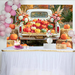 Lofaris Weißer Pickup Truck Herbst-Fotohintergrund mit Kürbissen, rustikale Fotowand für herbstliche Erntedank-Dekoration