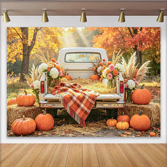 Lofaris Herbstlicher Kürbis-Fotohintergrund mit weißem Pickup, rustikale Erntedankkulisse für herbstliche Fotoshootings