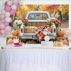 Lofaris Herbst-Fotohintergrund mit weißem Pickup und Kürbissen, rustikale Kulisse für gemütliche Erntedank-Fotoshootings