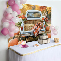 Lofaris Herbst-Fotohintergrund mit weißem Pickup und Kürbissen, rustikale Kulisse für gemütliche Erntedank-Fotoshootings