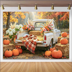 Lofaris Herbstlicher Kürbis-Fotohintergrund mit weißem Pickup, rustikale Fotowand für herbstliche Erntedank-Dekoration