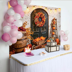 Lofaris Herbstlicher Kürbis-Fotohintergrund mit rustikaler Holztür, schöne herbstliche Kulisse für Erntedankfest Fotoshooting