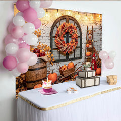 Lofaris Herbst-Fotohintergrund mit Kürbissen und Holzfass, gemütliche Erntedankfest-Kulisse für Fotostudio-Dekoration