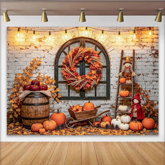 Lofaris Herbst-Fotohintergrund mit Kürbissen und Holzfass, gemütliche Erntedankfest-Kulisse für Fotostudio-Dekoration