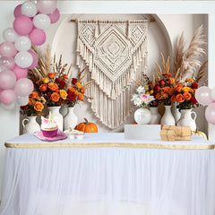 Lofaris Makramee Boho Herbst Fotohintergrund mit Kürbissen und Pampasgras, rustikale Kulisse für herbstliche Fotoshootings