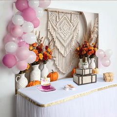 Lofaris Makramee Boho Herbst Fotohintergrund mit Kürbissen und Pampasgras, rustikale Kulisse für herbstliche Fotoshootings