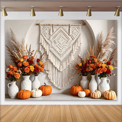 Lofaris Makramee Boho Herbst Fotohintergrund mit Kürbissen und Pampasgras, rustikale Kulisse für herbstliche Fotoshootings