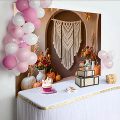 Lofaris Rustikaler Herbsthintergrund mit Kürbissen Makramee und Pampasgras, warme Kulisse für herbstliche Fotoshootings und Dekorationen