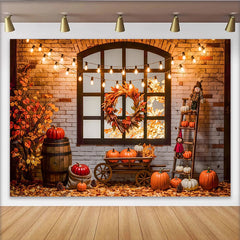 Lofaris Rustikaler Herbst-Hintergrund mit Kürbissen und Lichterkette, gemütliche Fotowand für herbstliche Dekoration im Fotostudio
